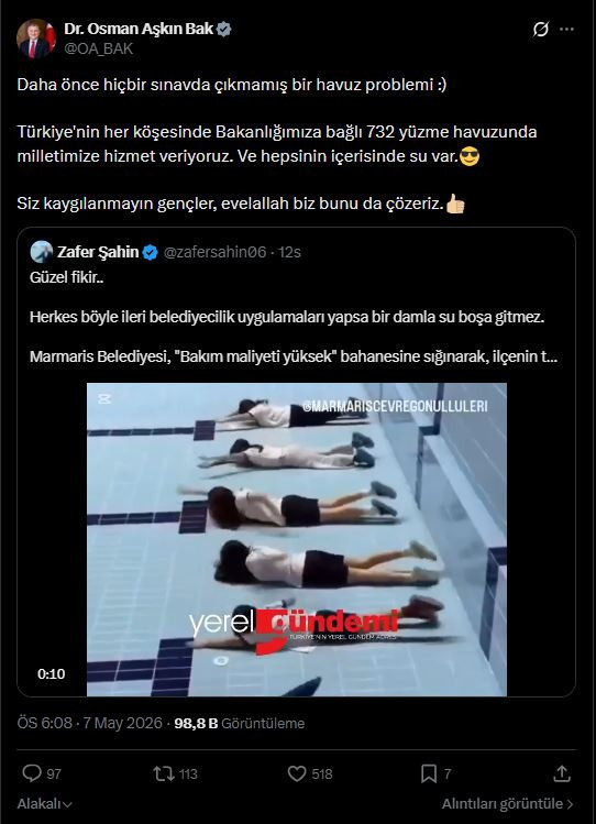 Boş Yüzme Havuzunda Antrenman Yapan Gençlere Bakan Bak’tan Tepki: 