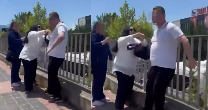 Kadını darbeden erkeği, başka bir kadın iterek uzaklaştırdı