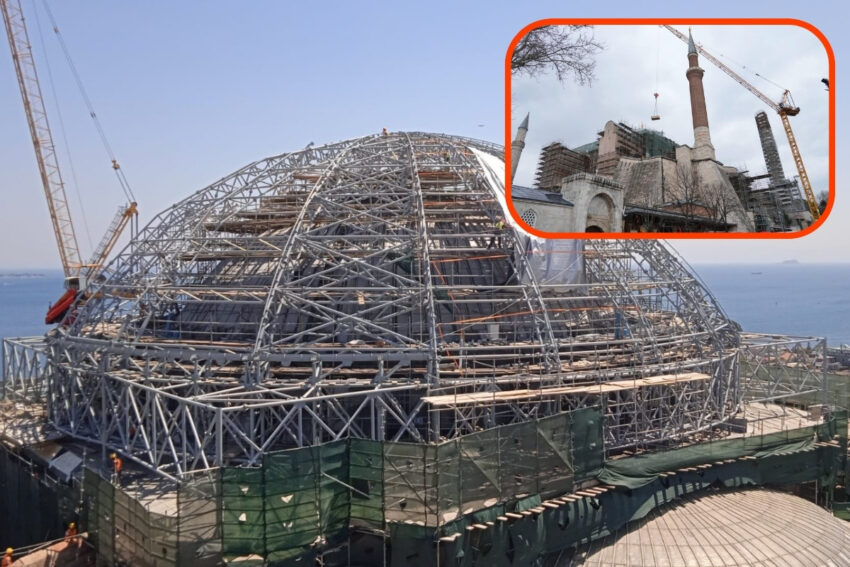 Ayasofyanin ana kubbesi gecici celik cati ve koruyucu branda ile guvence altina alindi lKEF57PK.jpg