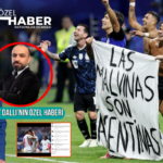 Ingiltereyi yenen arjantinli futbolcular sahada falkland adalari pankarti acarken ingiltere krali charles futbolcular icin hirSKAXi.png