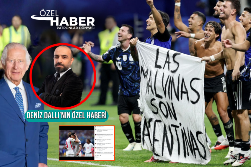 Ingiltereyi yenen arjantinli futbolcular sahada falkland adalari pankarti acarken ingiltere krali charles futbolcular icin hirSKAXi.png
